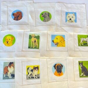 Vintage Linen Coasters Square Printed w Various Beautiful Dog Breeds Set of 11